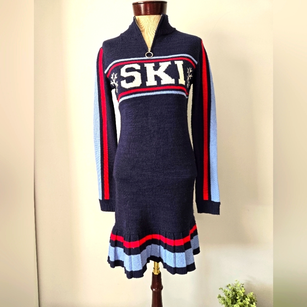 FRESHMAN 1996 Navy Knit SKI Sweater Dress with Stripes. Size Small